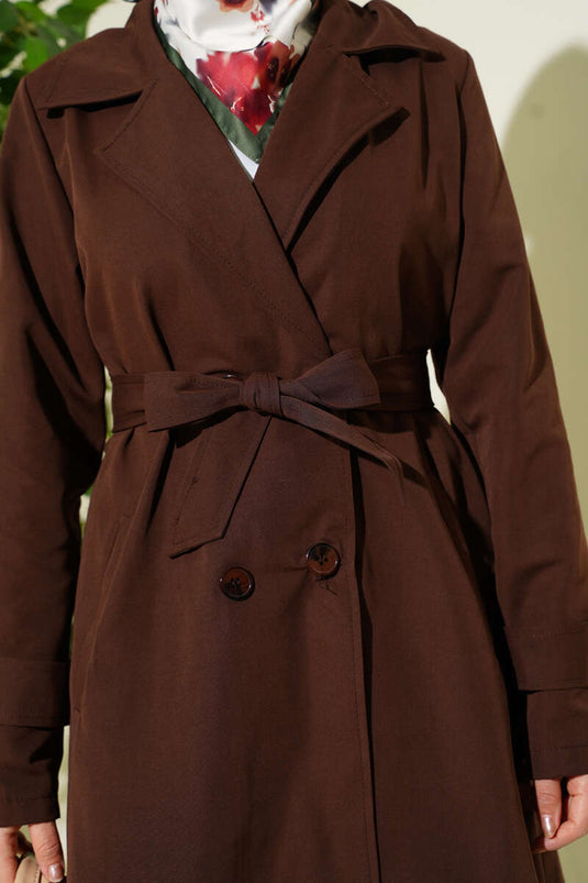 Trench-coat croisé à col avec ceinture et boutons, couleur café