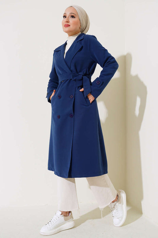 Double-Breasted Belted Buttoned Trench Coat Navy Blue