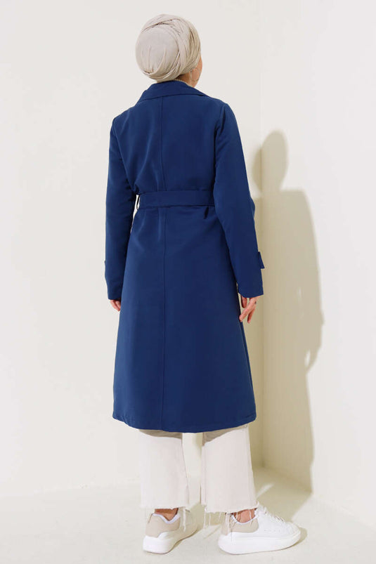 Double-Breasted Belted Buttoned Trench Coat Navy Blue