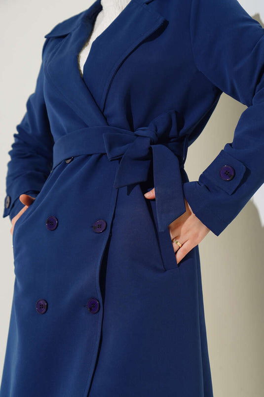 Double-Breasted Belted Buttoned Trench Coat Navy Blue