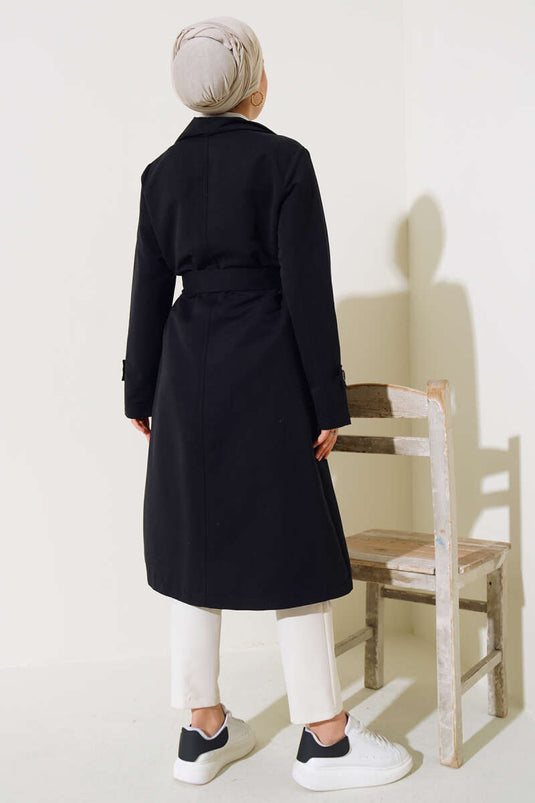 Double-Breasted Collar Belted Buttoned Overcoat Black