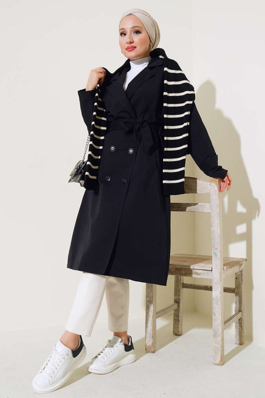 Double-Breasted Collar Belted Buttoned Overcoat Black