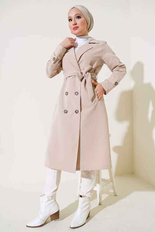 Double-Breasted Collar Belted Buttoned Overcoat Stone