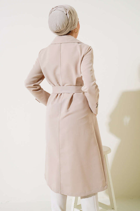Double-Breasted Collar Belted Buttoned Overcoat Stone