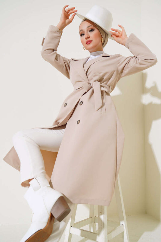 Trench-coat à col croisé ceinturé à boutons couleur pierre