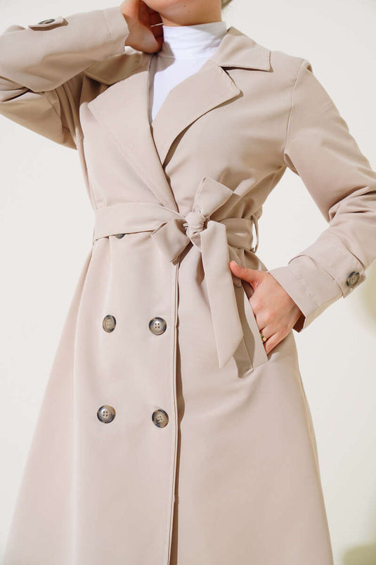 Trench-coat à col croisé ceinturé à boutons couleur pierre