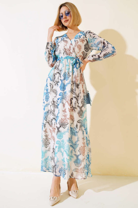 Robe Ceinturée Col Double Boutonnage Bleu