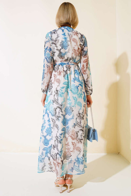 فستان بحزام ورقبة مزدوجة الصدر باللون الأزرق