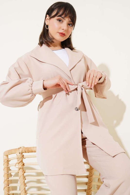 Kruvaze Yaka Kuşaklı İkili Takım Bej