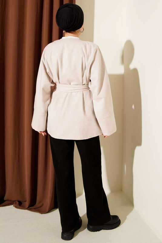 Double-breasted belted cashmere jacket in stone