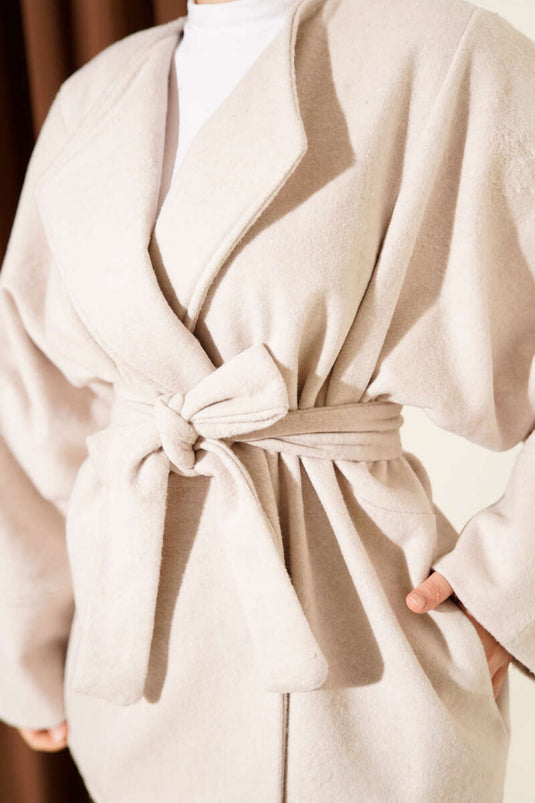 Kruvaze Yaka Kuşaklı Kaşe Ceket Taş