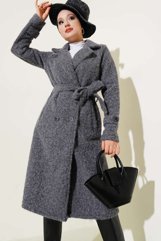 Manteau croisé en cachemire ceinturé couleur fumée