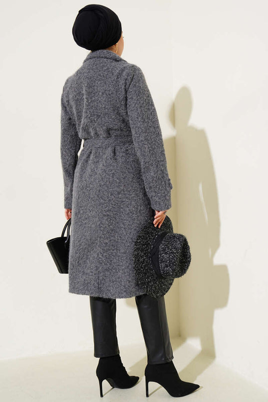 Manteau croisé en cachemire ceinturé couleur fumée