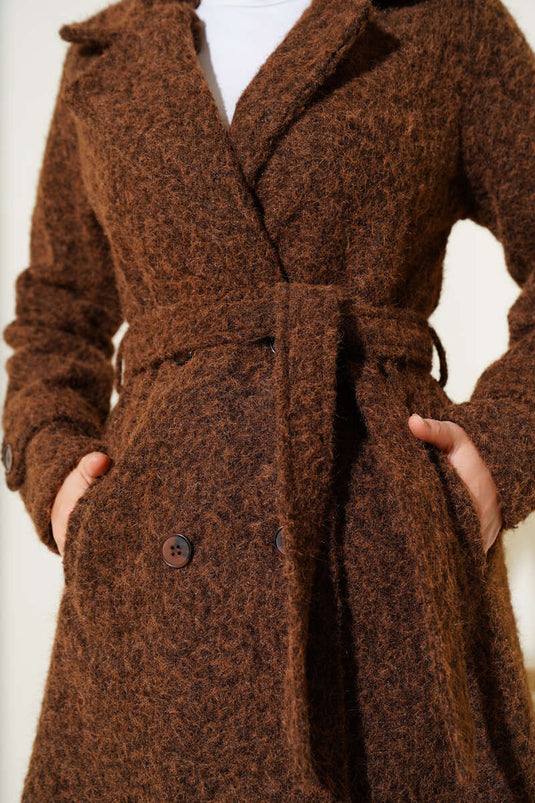 Double Breasted Belted Cashmere Coat in Tan