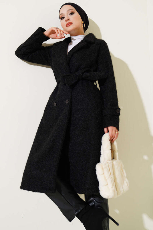 Manteau croisé en cachemire avec ceinture noir