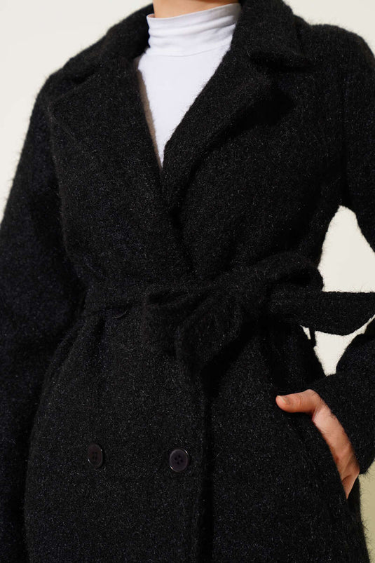 Manteau croisé en cachemire avec ceinture noir