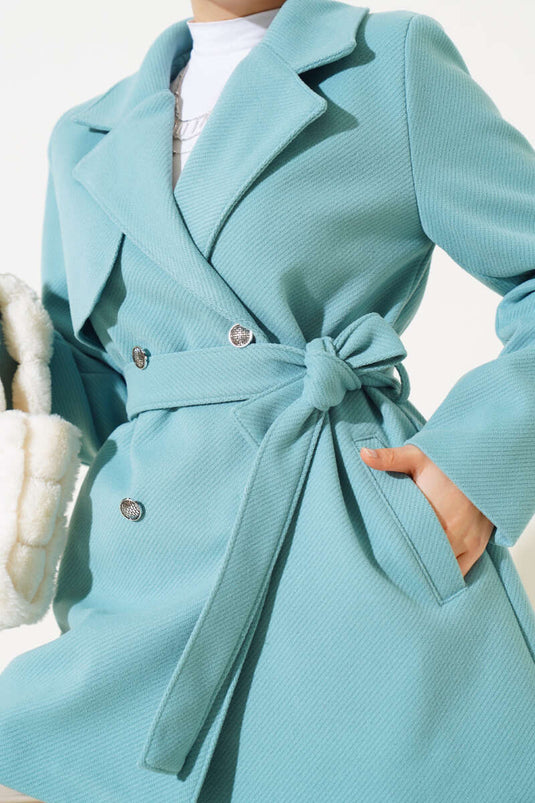 Collared Belted Short Wool Coat Mint
