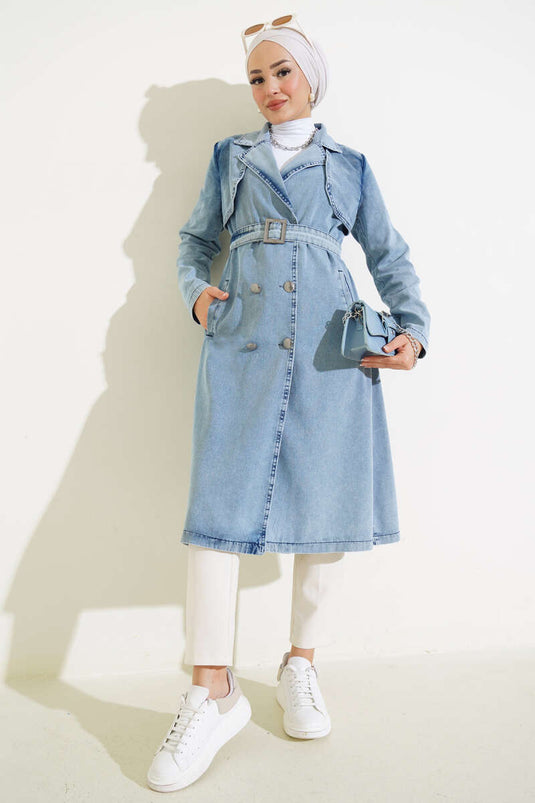 Trench-coat en denim bleu glacier à double boutonnage et ceinture