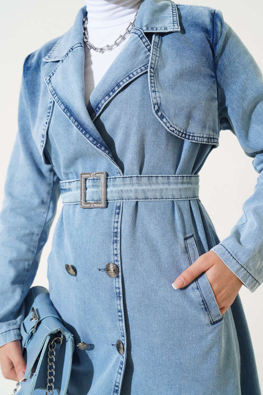 Kruvaze Yaka Kuşaklı Kot Trençkot Buz Mavisi