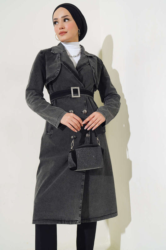 Kruvaze Yaka Kuşaklı Kot Trençkot Füme