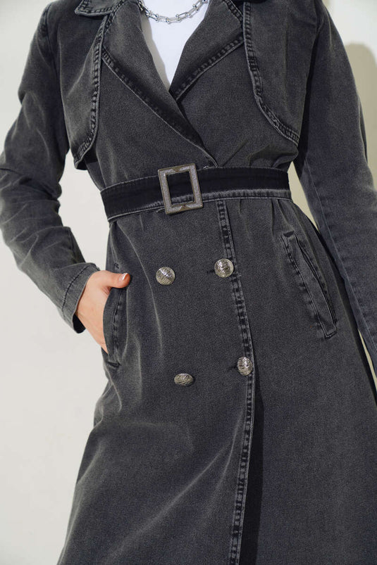 Kruvaze Yaka Kuşaklı Kot Trençkot Füme