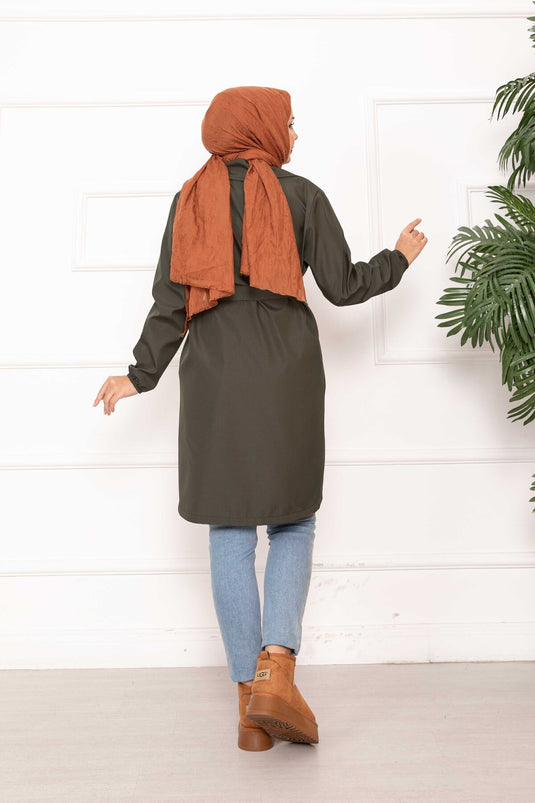 معطف ترنش مريح مزدوج الصدر مزود بحزام بلون كاكي