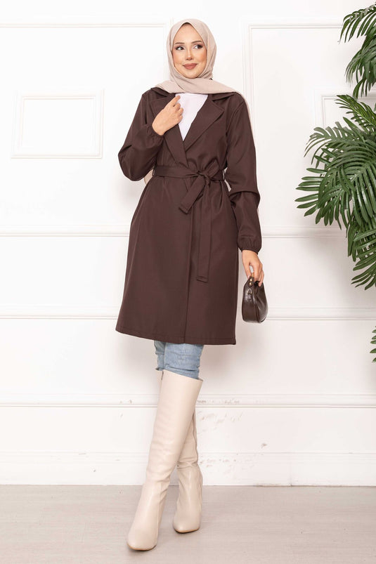 Trench-coat décontracté à double boutonnage et ceinture marron