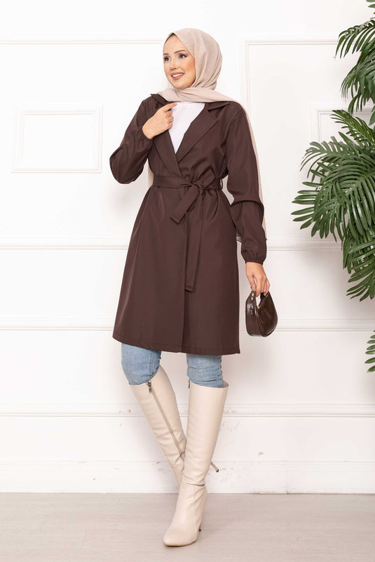 Trench-coat décontracté à double boutonnage et ceinture marron