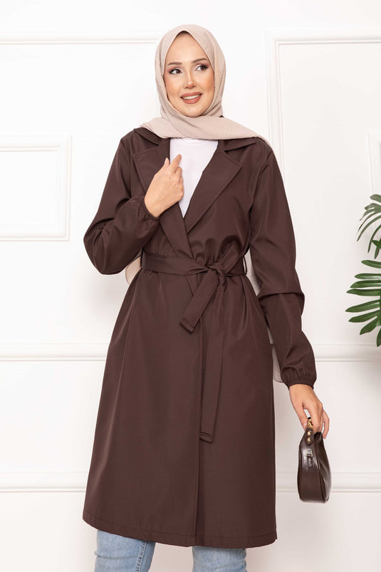 Trench-coat décontracté à double boutonnage et ceinture marron