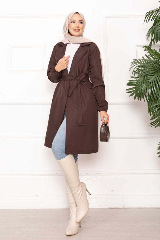 Trench-coat décontracté à double boutonnage et ceinture marron