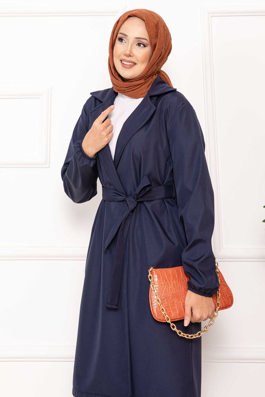 معطف ترنش مريح مزدوج الصدر مزود بحزام باللون الأزرق الداكن