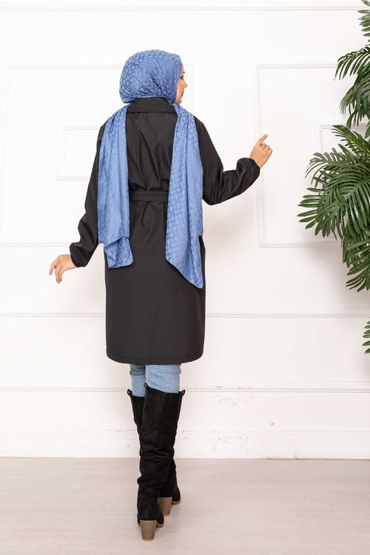 معطف ترنش مريح مزدوج الصدر مزود بحزام باللون الأسود