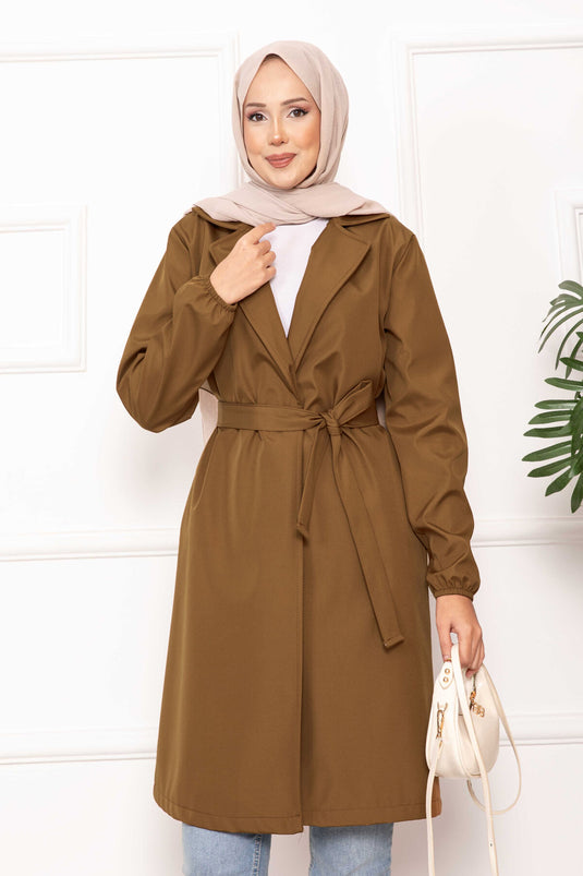 Kruvaze Yaka Kuşaklı Relax Trençkot Taba