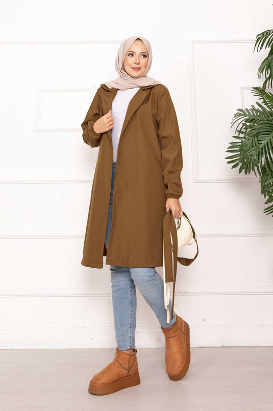Kruvaze Yaka Kuşaklı Relax Trençkot Taba