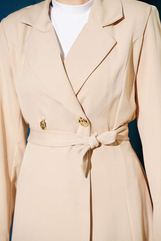 Cross-Over Collar Long Belted Coat Beige
