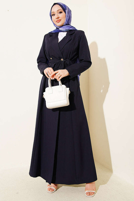 Manteau long croisé ceinturé bleu marine