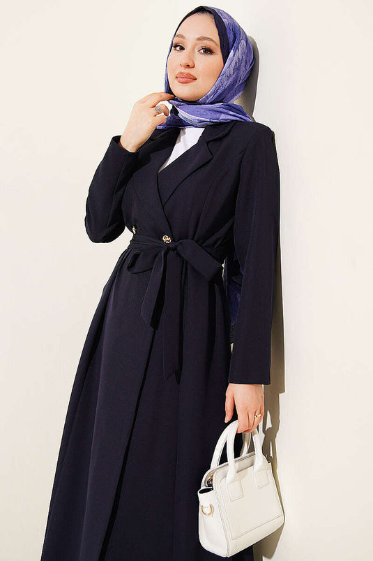 Lang vest met overslagkraag en ceintuur, donkerblauw