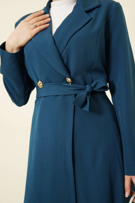Wrap Collar Long Belted Coat Petrol Green