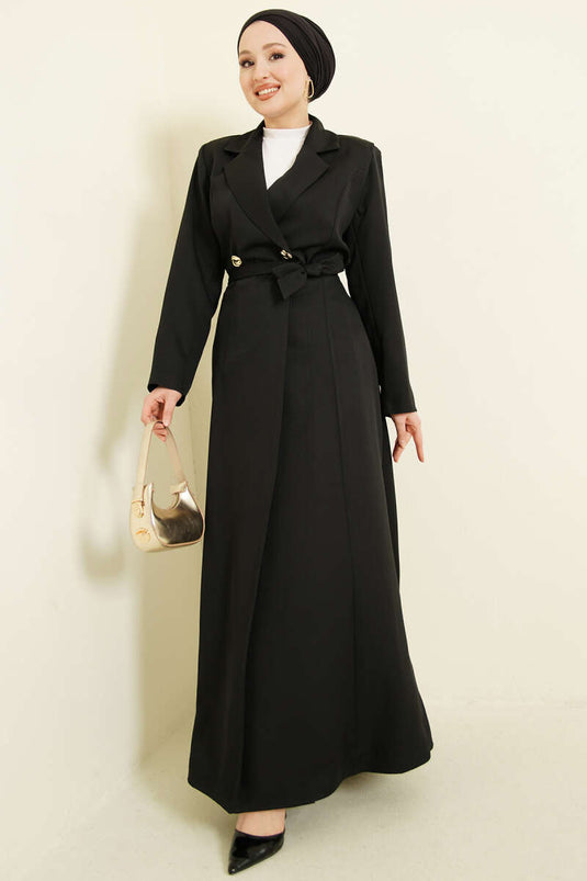 Cross-neckline Long Belted Coat Black