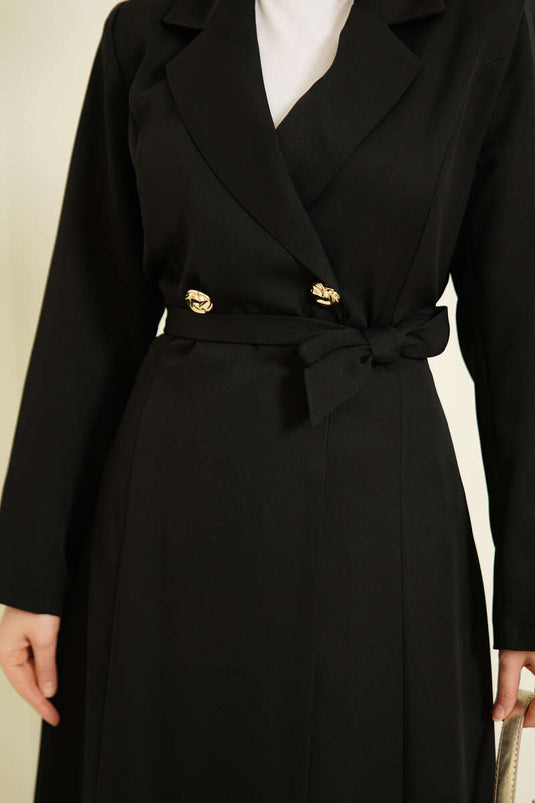 Cross-neckline Long Belted Coat Black