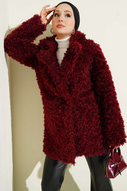 Double-breasted lambskin coat, burgundy.