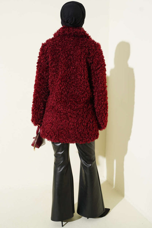 Double-breasted lambskin coat, burgundy.