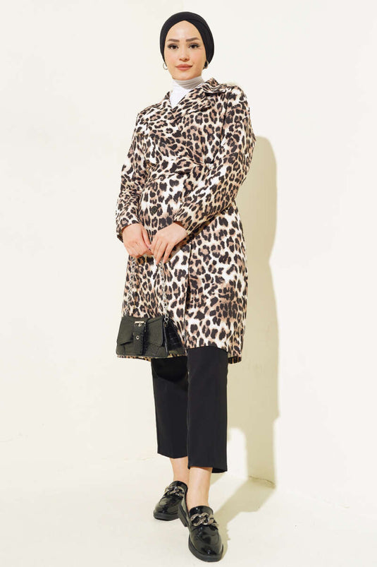 Crossover Collar Leopard Print Trench Coat Leopard