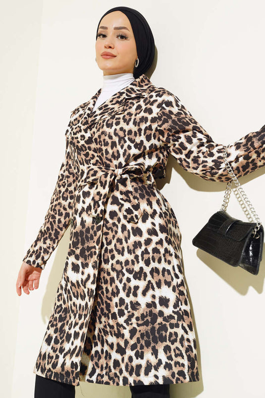 Crossover Collar Leopard Print Trench Coat Leopard