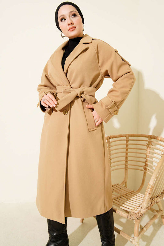 Doppelreihiger Kragen, Schulterklappen, Kaschmirmantel, Kamel