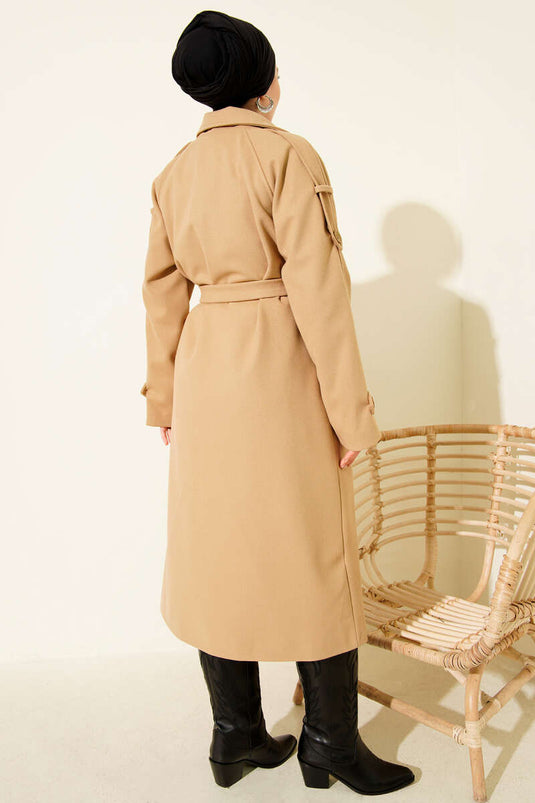 Doppelreihiger Kragen, Schulterklappen, Kaschmirmantel, Kamel