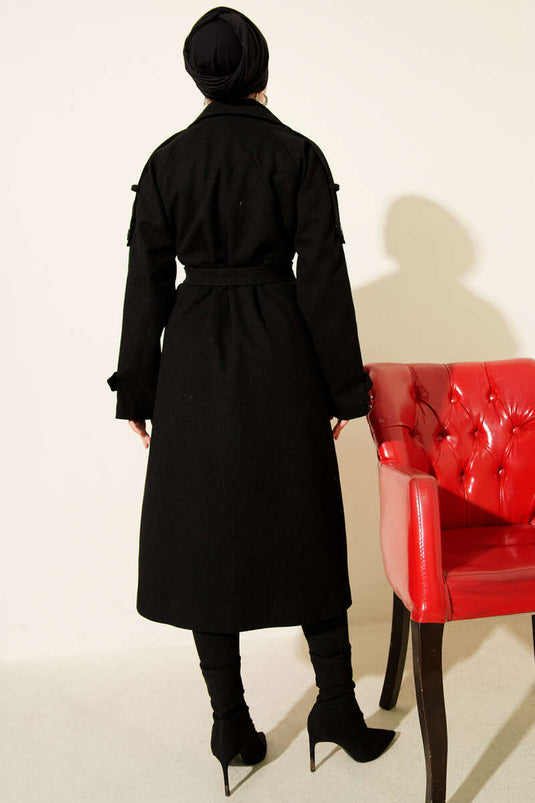 Kruvaze Yaka Omuz Apoletli Kaşe Kaban Siyah