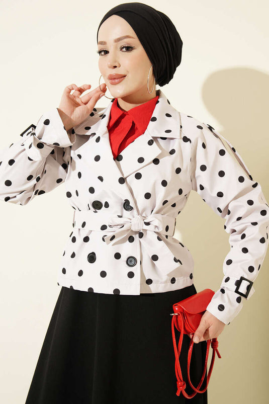 Korte Trenchcoat Met Overslagkraag En Polkadot Patroon Met Embellishments