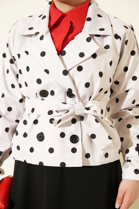 Korte Trenchcoat Met Overslagkraag En Polkadot Patroon Met Embellishments