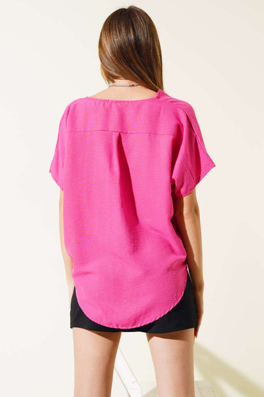 Double Breasted Casual Blouse Fuchsia